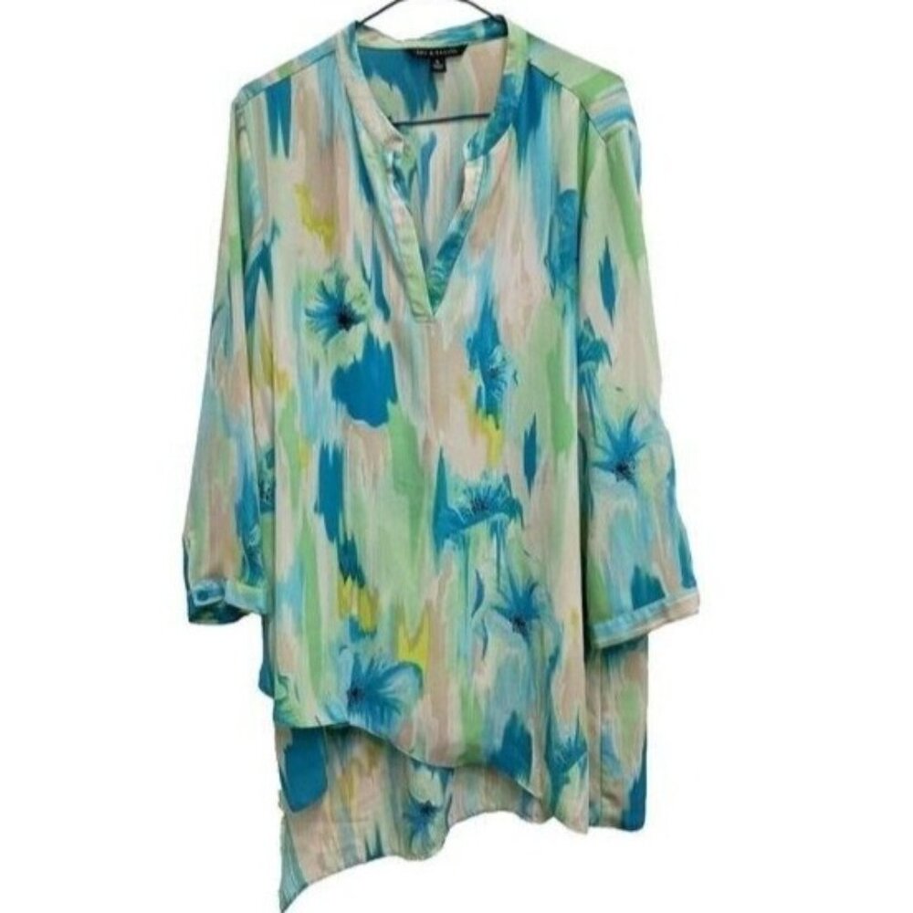 Zac & Rachel Womens Tunic Top XL Turquoise Watercolor Floral Asymmetric Artsy